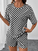 Checkered Short Sleeve Drawstring Lounge Set