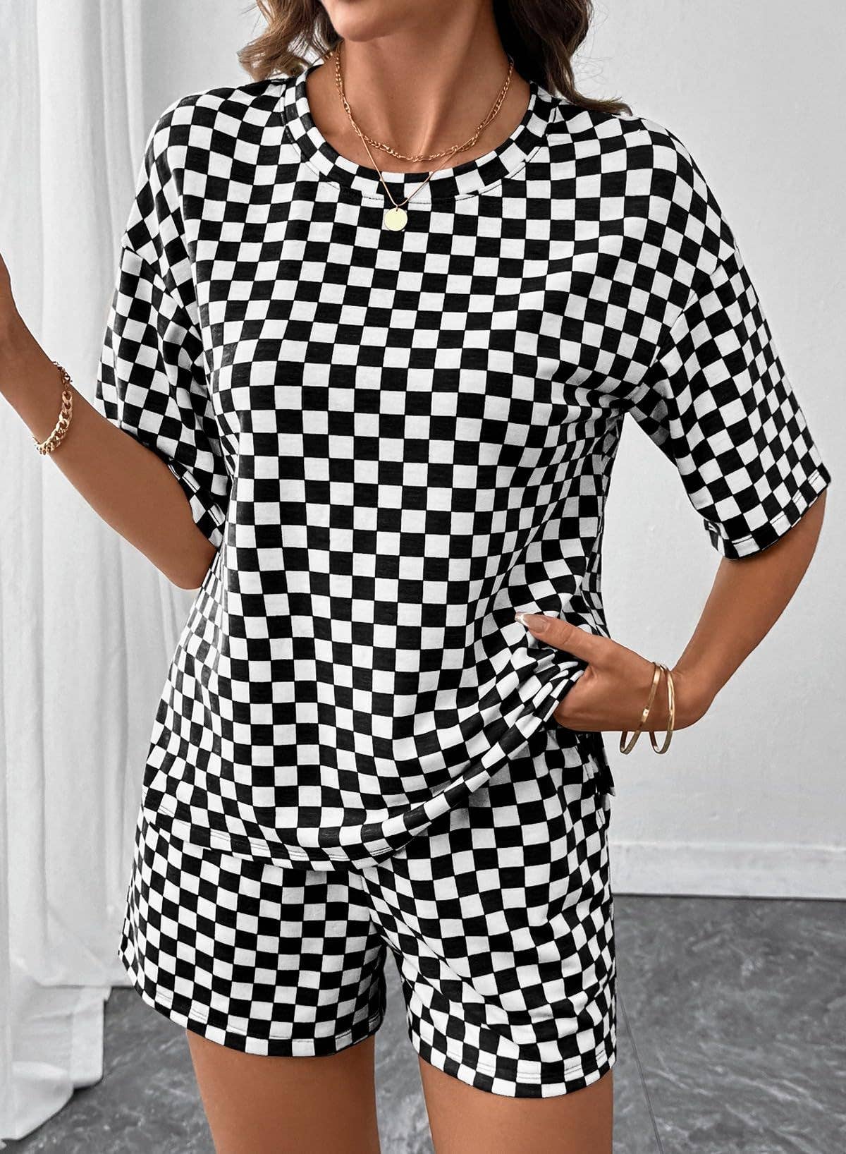 Checkered Short Sleeve Drawstring Lounge Set