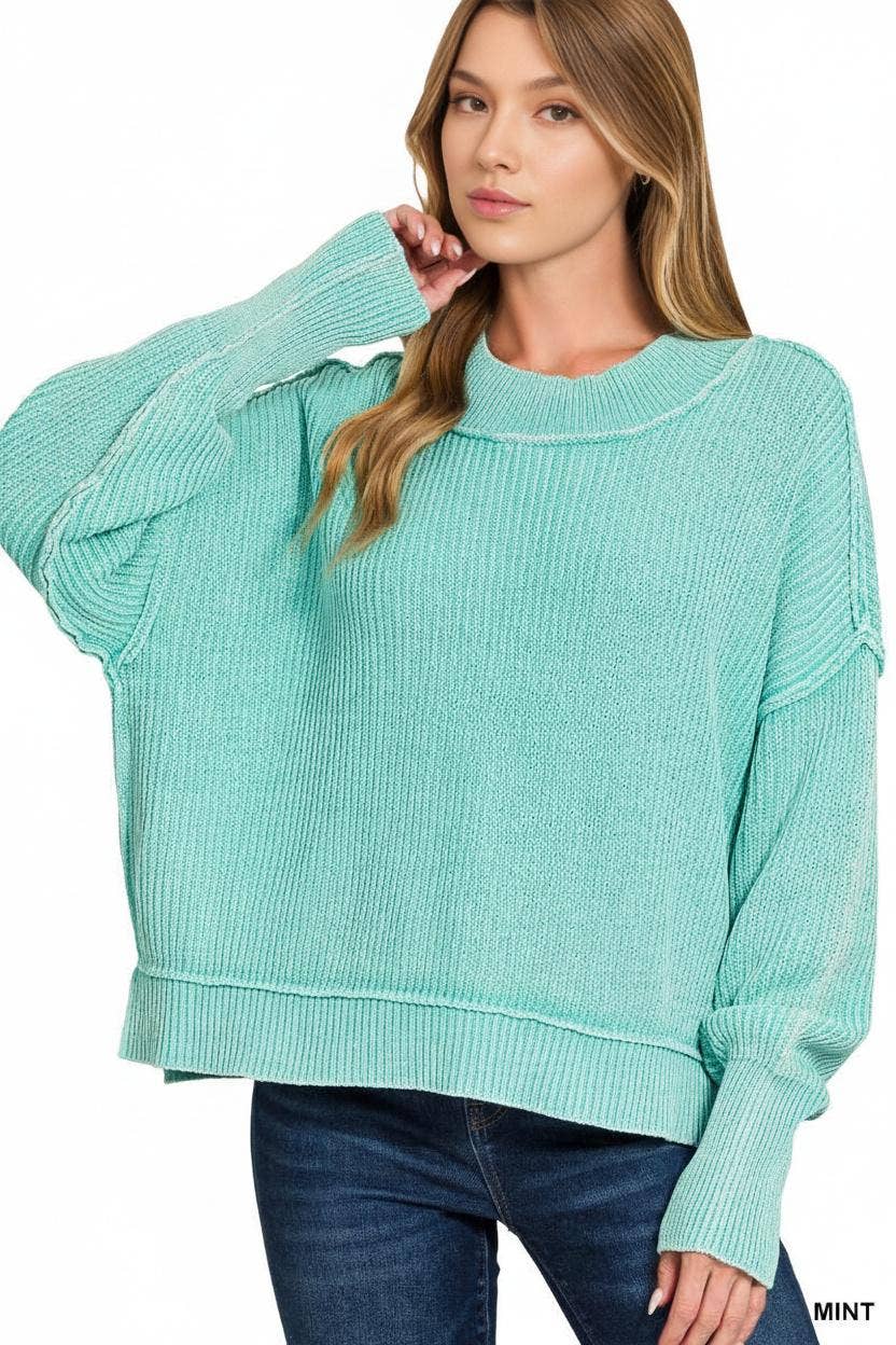 `Washed Side Slit Oversized Cropped Sweater SI-26510 Zenana