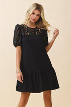 CD06531-Floral Eyelet Lace Detail Babydoll Mini Dress