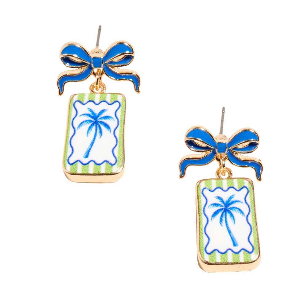 Bow Shell Print Square Frame Drop Earrings