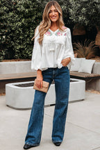 Floral Lace-Up V-Neck Babydoll Blouse