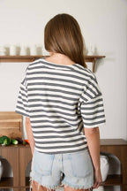 STRIPE SHORT SLEEVE BOXY HENLEY KNIT TOP