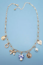 CERAMIC PORCELAIN BOW HEART CHARM LINK NECKLACE | 80N91547
