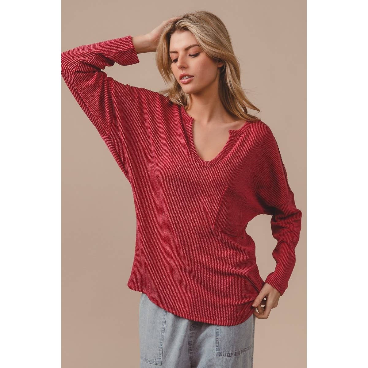 WAVY TWO TONE RIB NOTCH NECK PATCH POCKET TOP