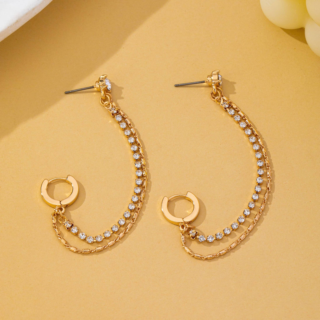 Rhinestone & Gold Double Chain Drapes Drop Earrings|80E63021