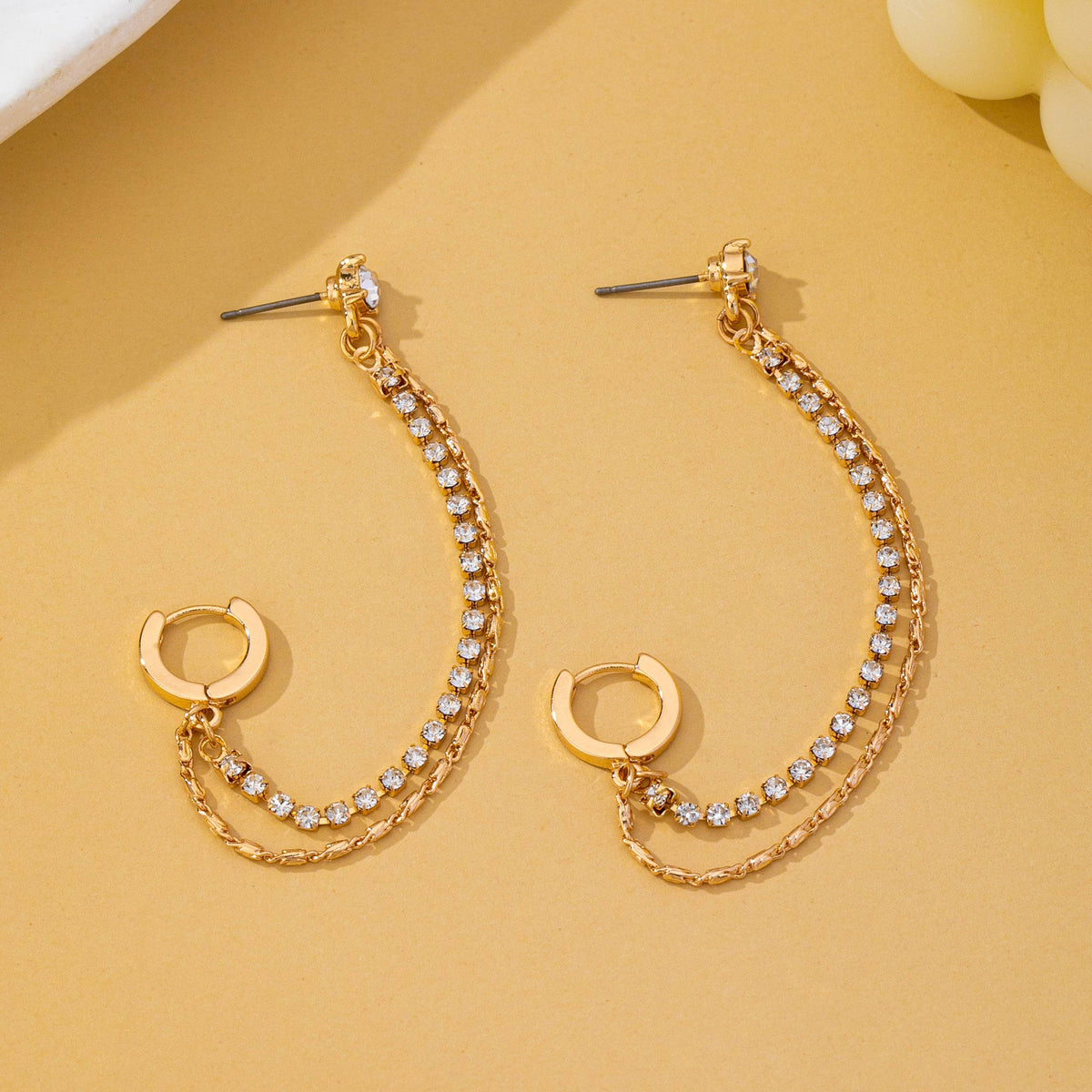 Rhinestone & Gold Double Chain Drapes Drop Earrings|80E63021