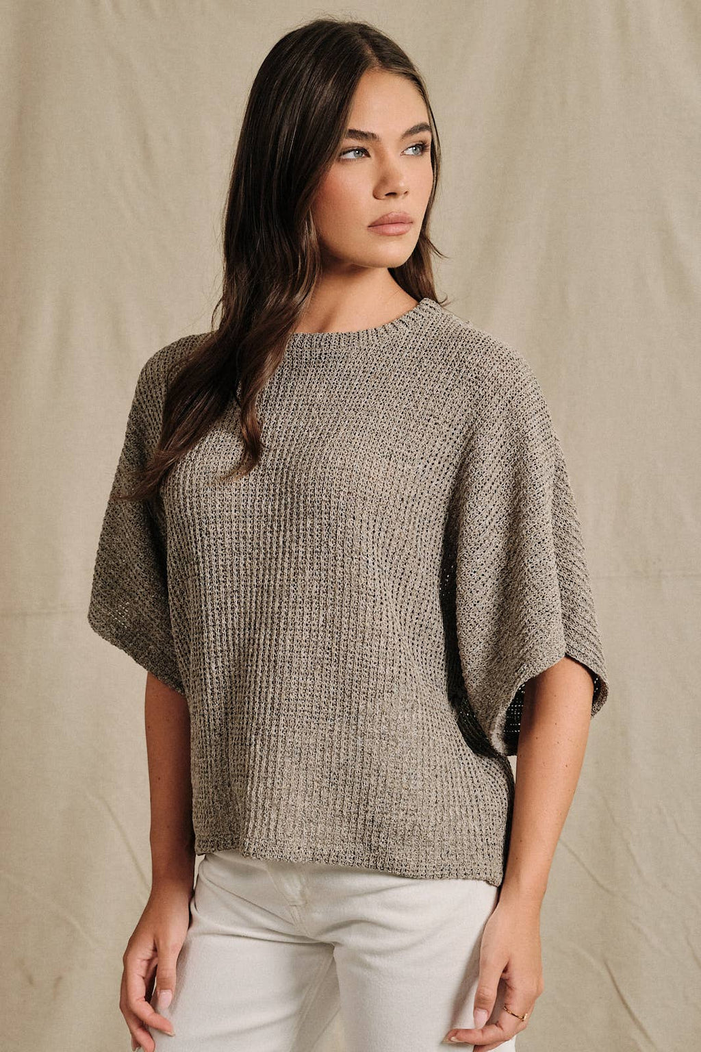 Oatmeal Boucle Crew Neck Kimono Sleeve Top