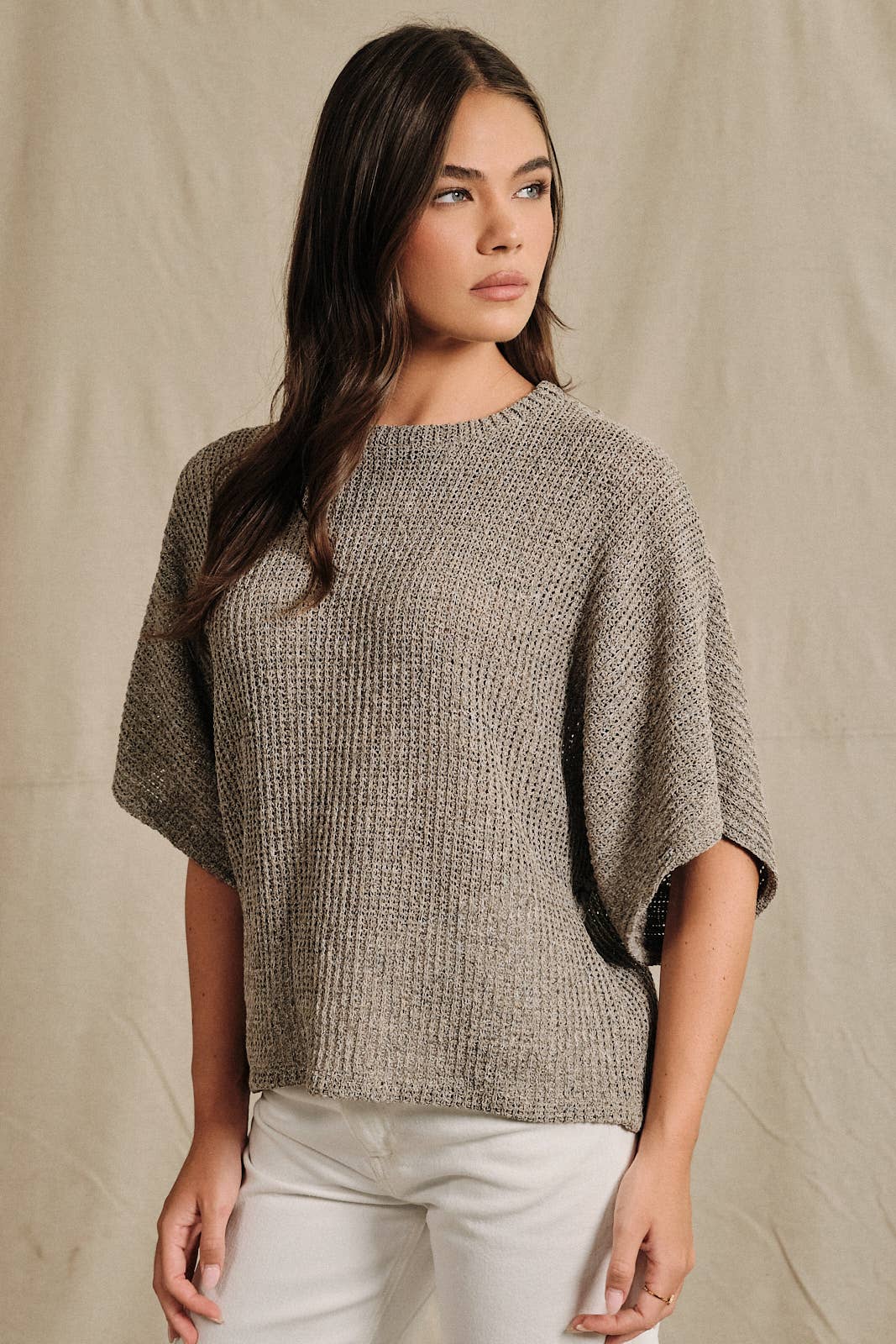 Oatmeal Boucle Crew Neck Kimono Sleeve Top