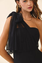 One Shoulder Chiffon Bow Mini Dress