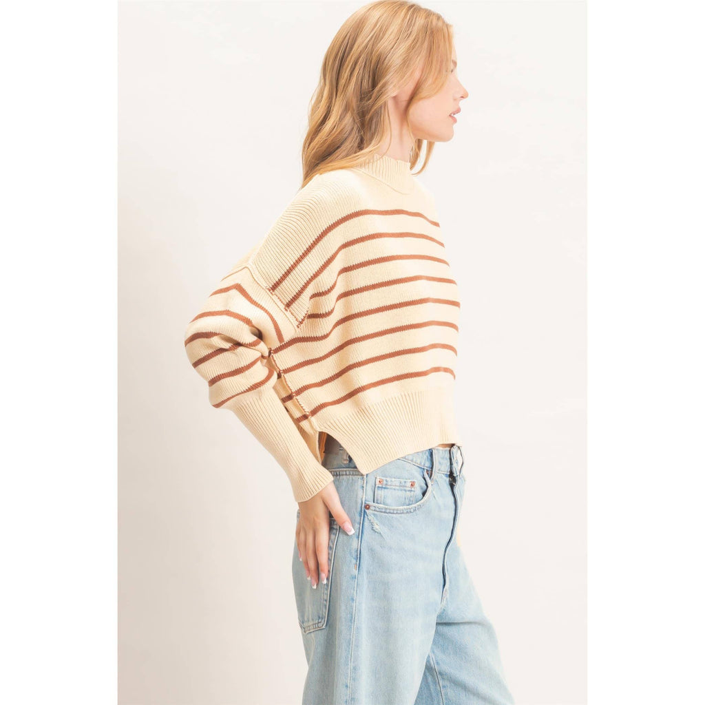 Striped Mock Neck Cropped Sweater