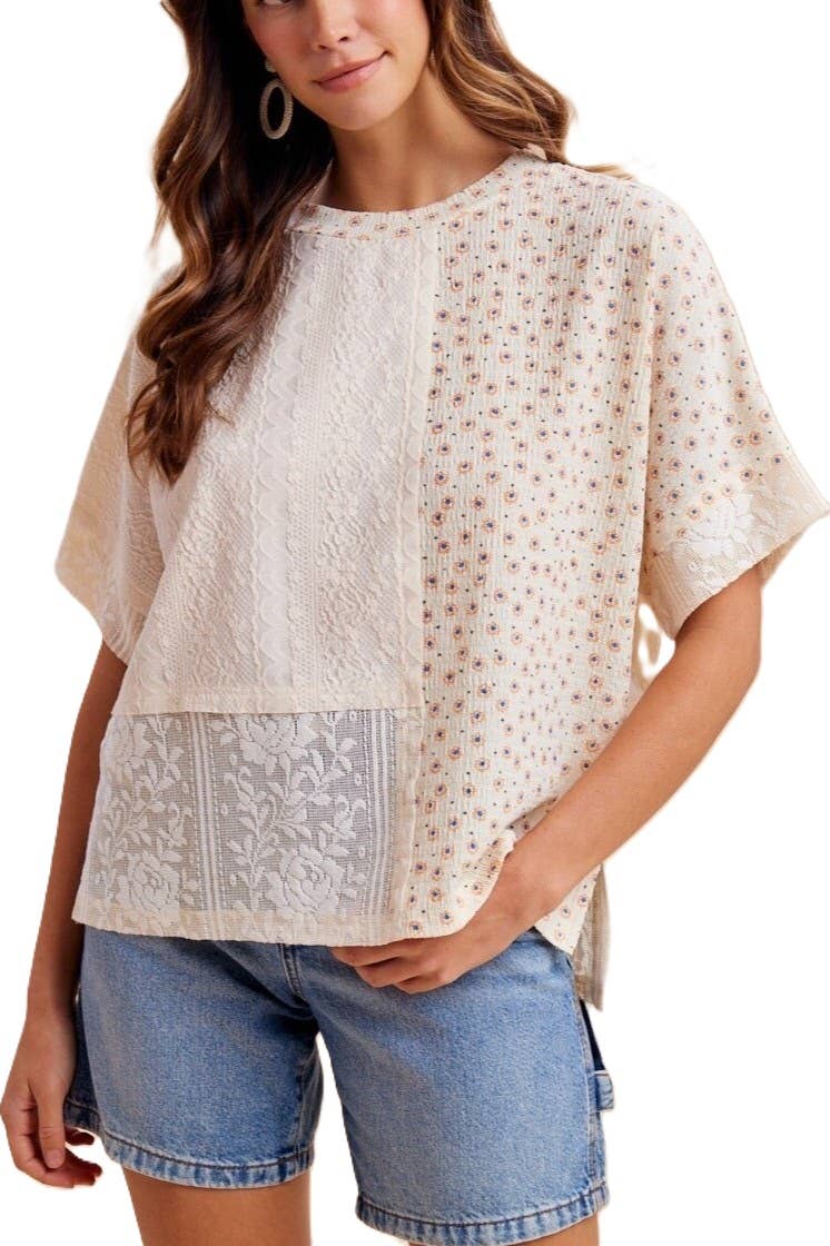 Mixed Media Flower Print Lace Trimmed Knit Top