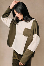 Colorblock Raw Edge Long Sleeve Pocket Sweatshirt Top