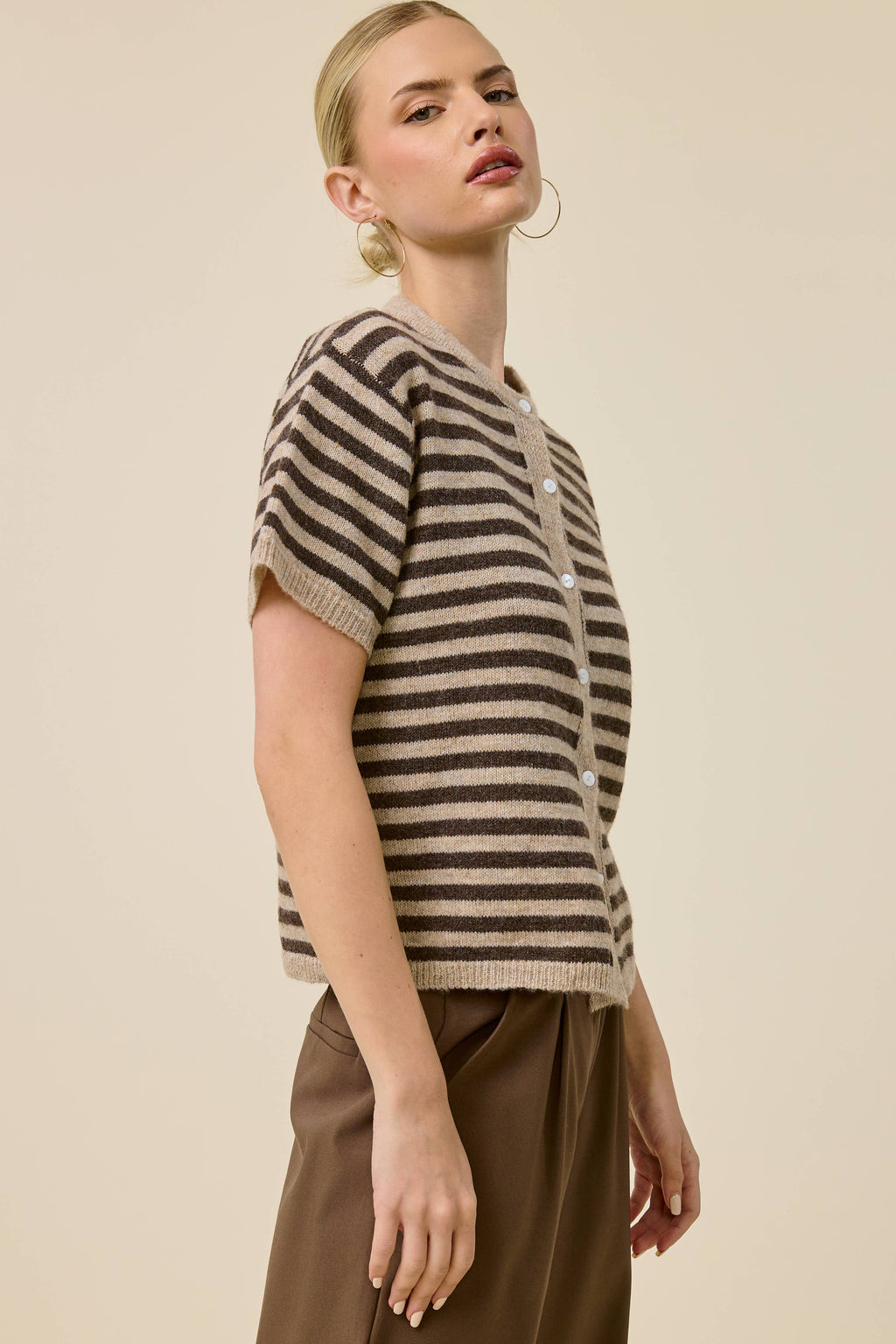 Striped Short Sleeve Knit Cardigan