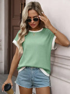 Contrast Trim Ribbed Short Sleeve Knit Top for Women