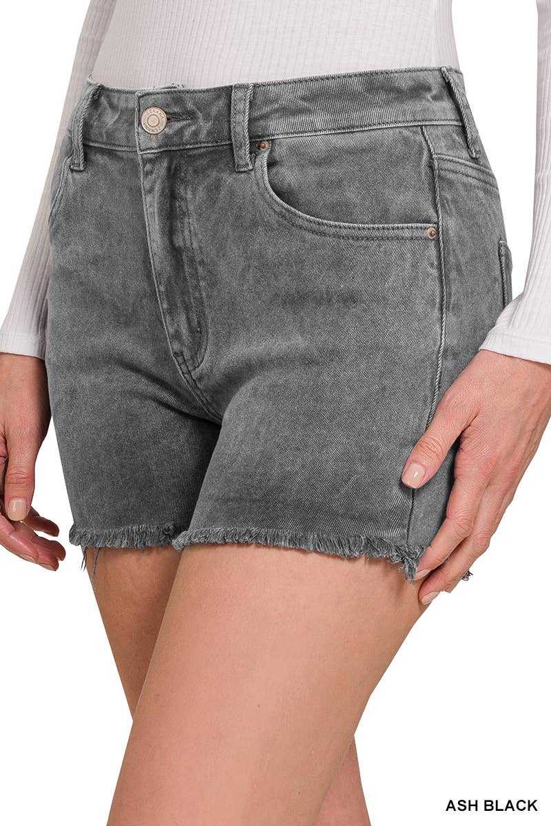 Washed Fray Hem Cotton Denim Shorts - Zenana