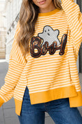Halloween Bow Ghost Striped Split Crewenck Top | S-XL