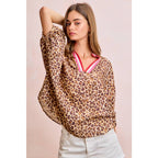 LEOPARD CONTRAST BANDED DOLMAN SLEEVES BLOUSE TOP