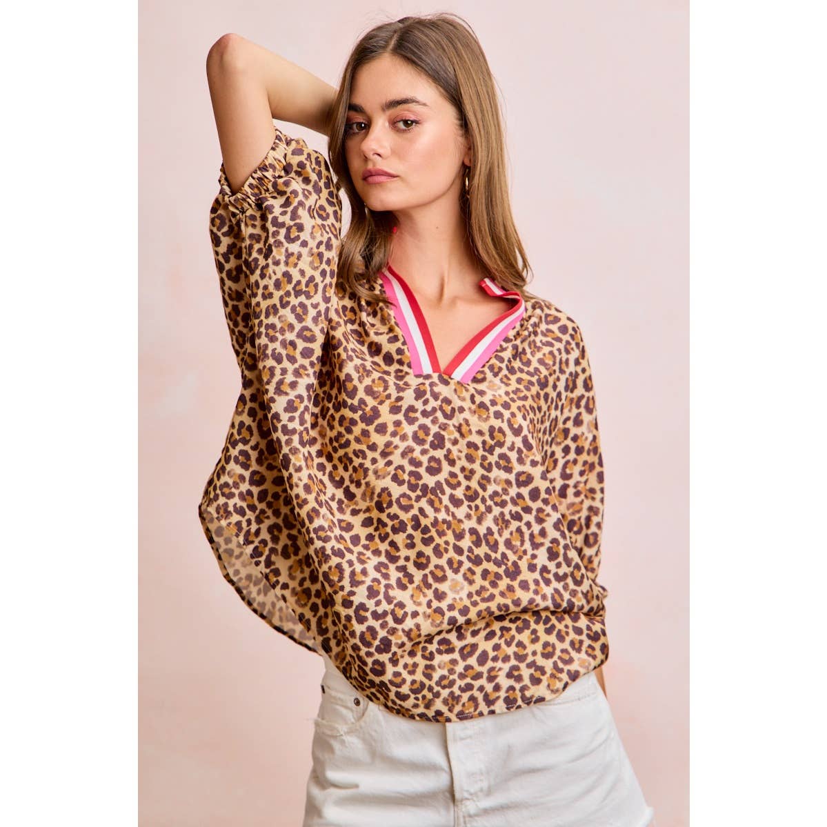 LEOPARD CONTRAST BANDED DOLMAN SLEEVES BLOUSE TOP
