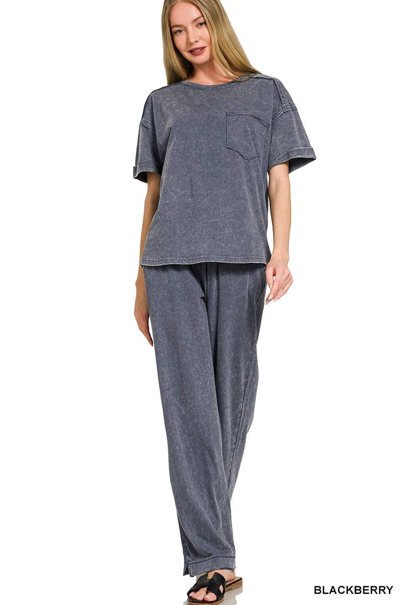 Acid Washed Exposed Seam Top And Pants Set