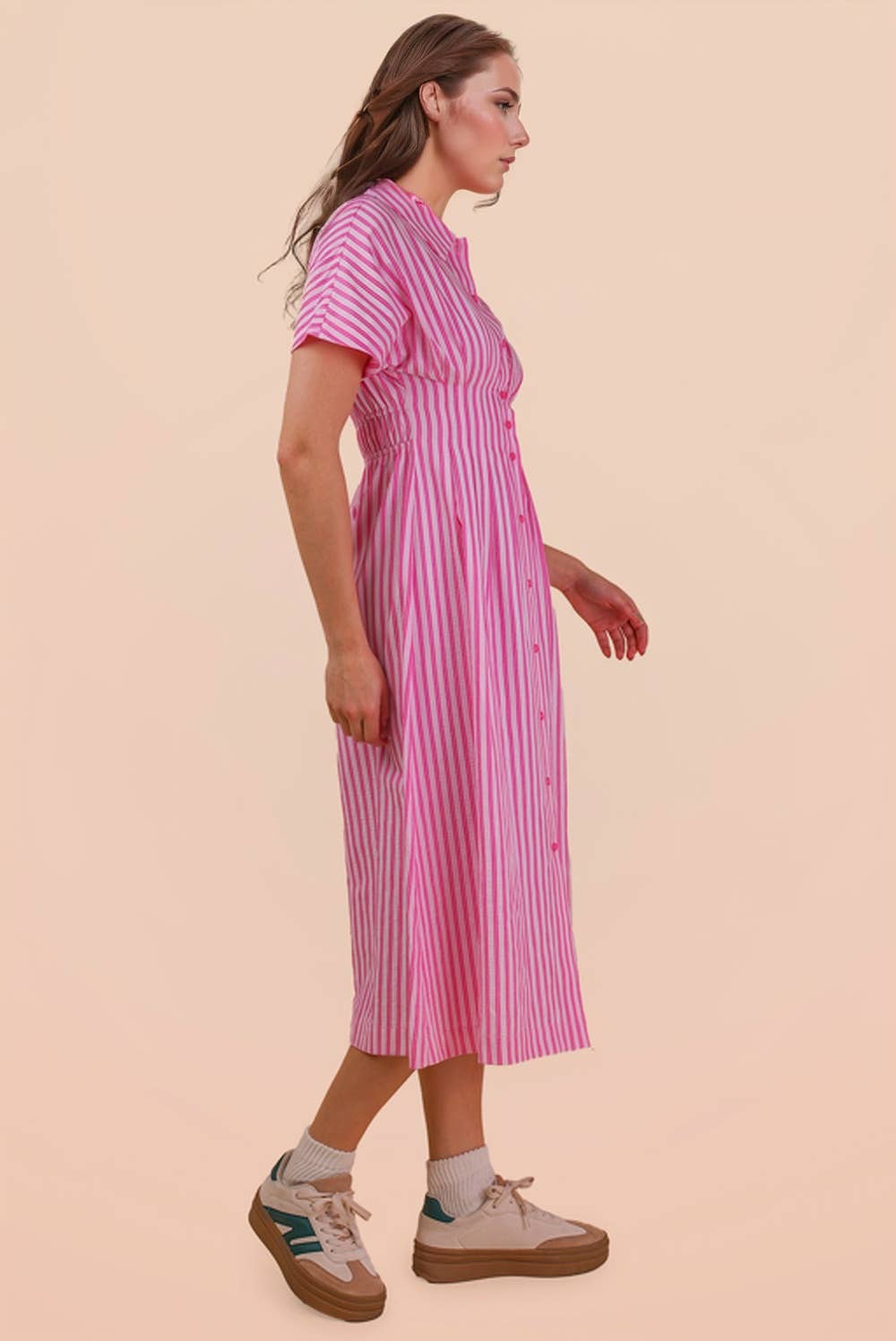 ND32074-Stripe Waist Pleated Midi Shirt Dress
