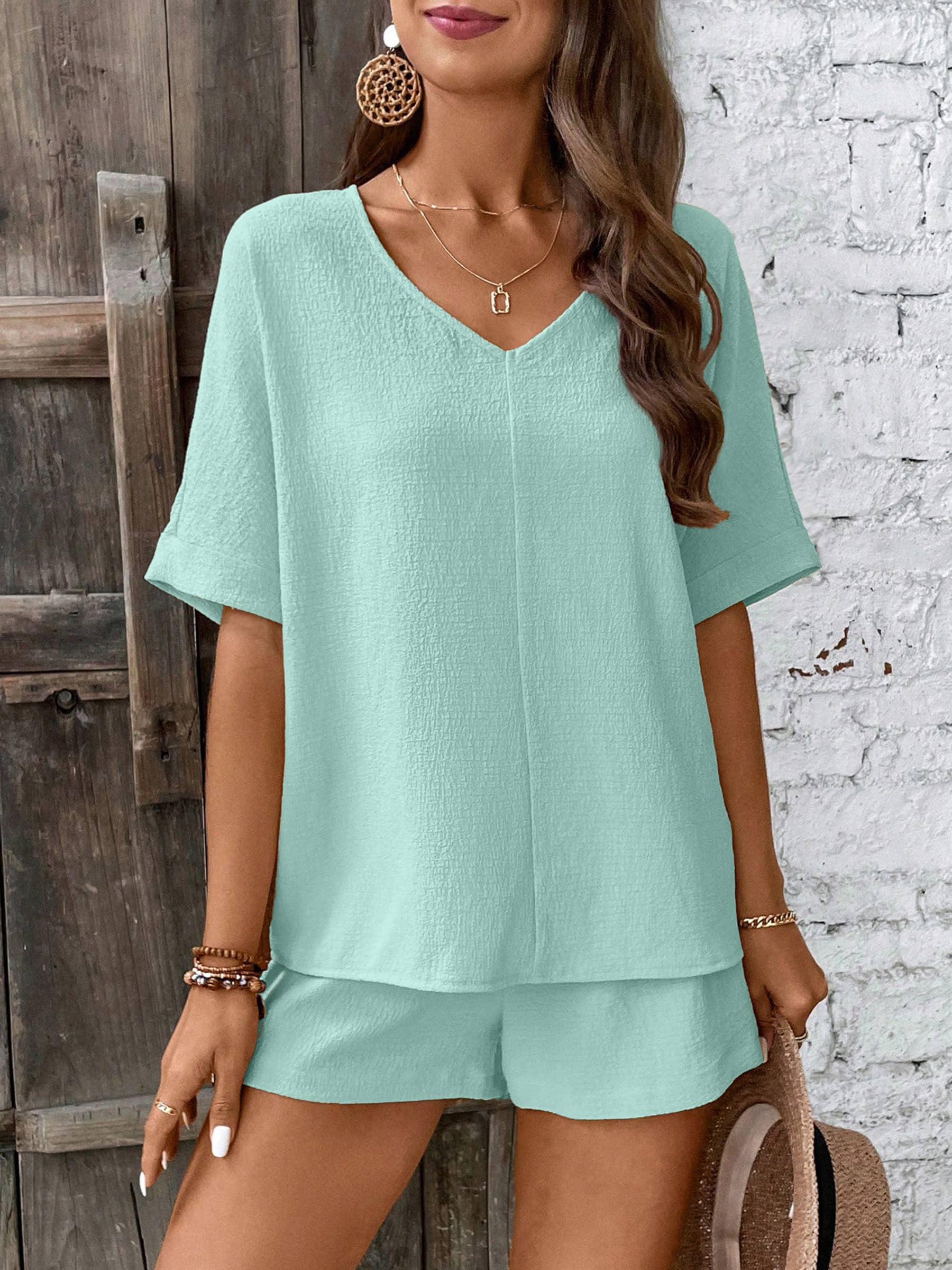 Short Sleeved Collar Bat Sleeve Shirt And Shorts Set