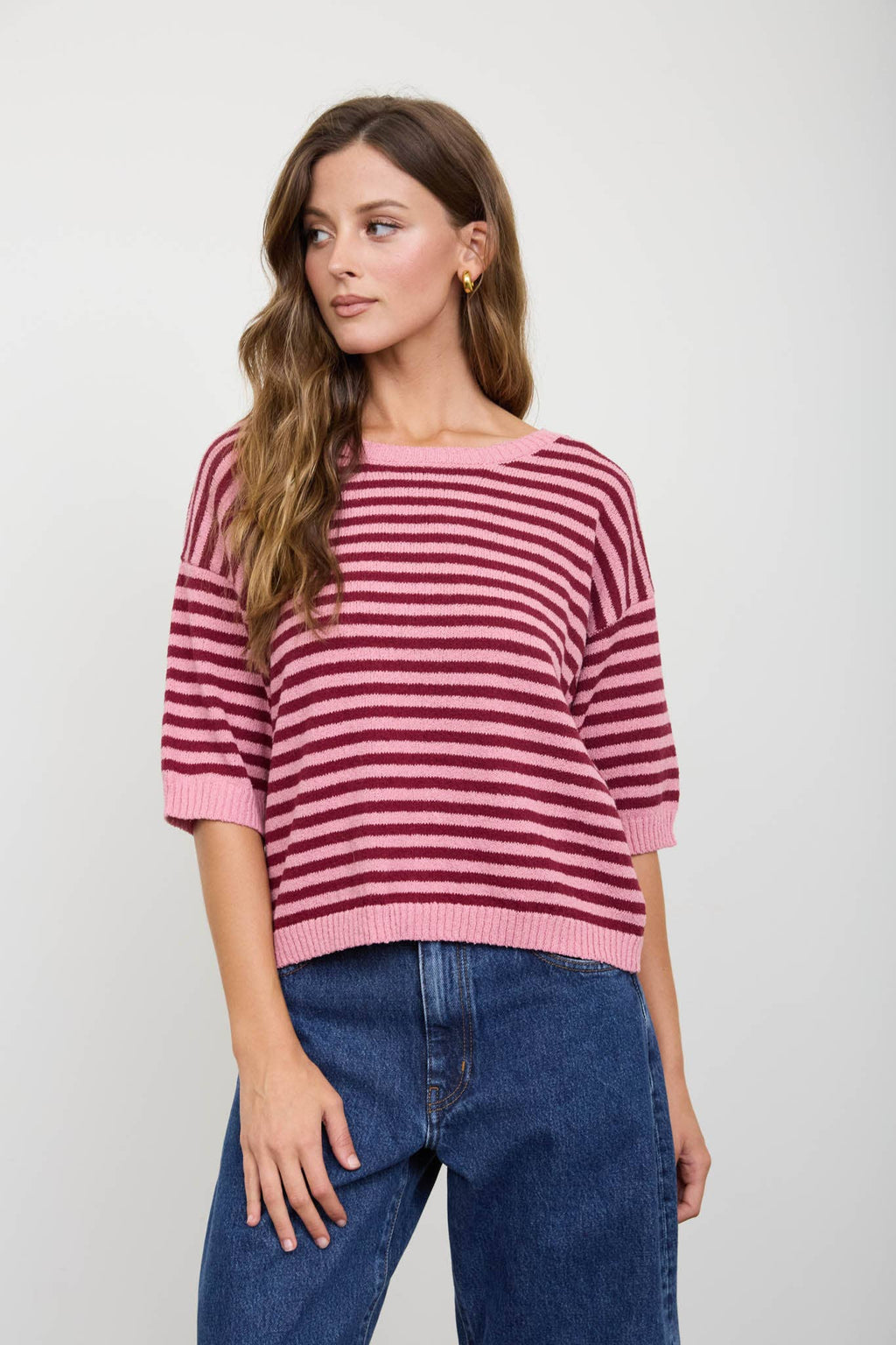 STRIPE CONTRAST TRIM SHORT SLEEVE KNIT SWEATER