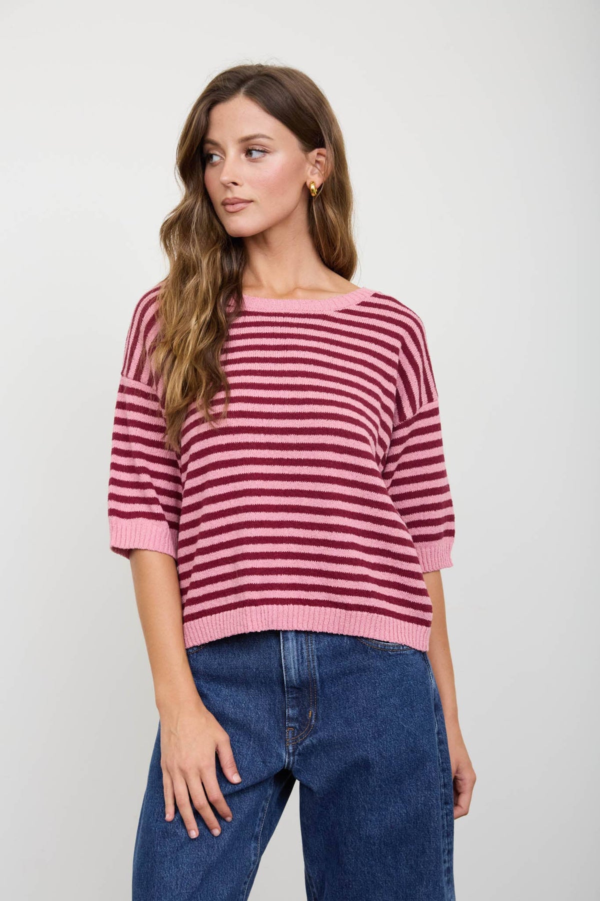 STRIPE CONTRAST TRIM SHORT SLEEVE KNIT SWEATER