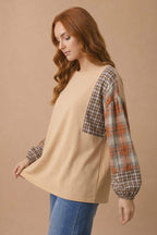Plaid Woven Color Block Top
