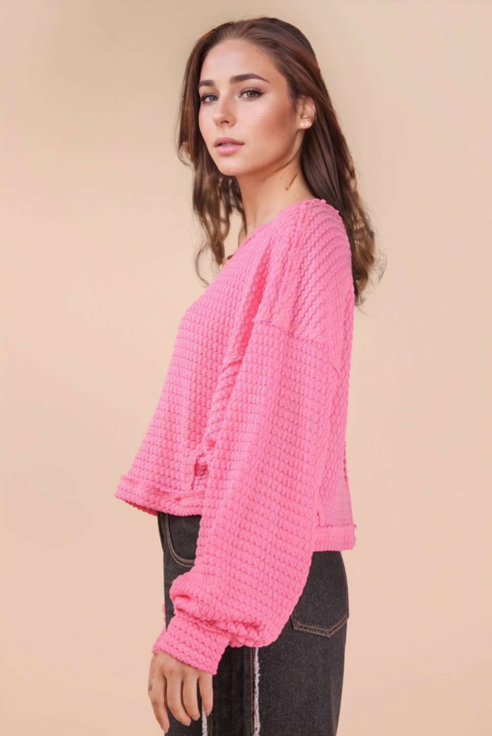 NT11982-Oversized Waffle Solid Knit Causal Top