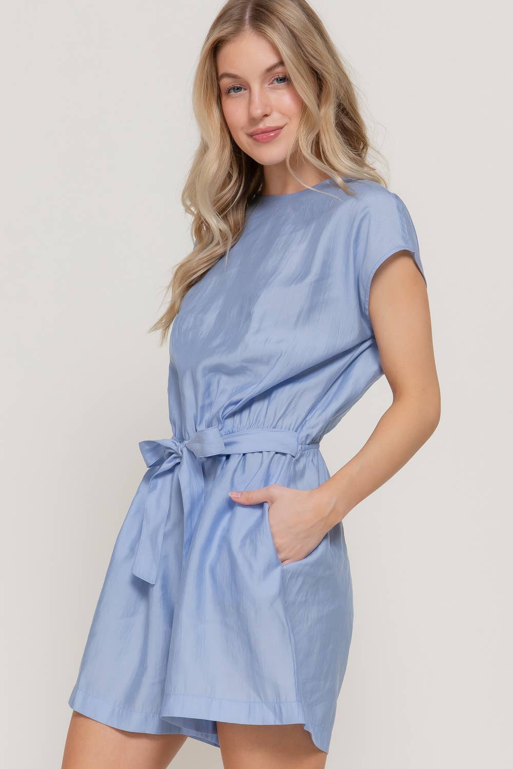 Short Sleeve Back Button Closure Detail Woven Romper