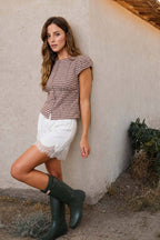 PLAID BUTTON DOWN PUFF SLEEVE CONTOURED WAIST TOP