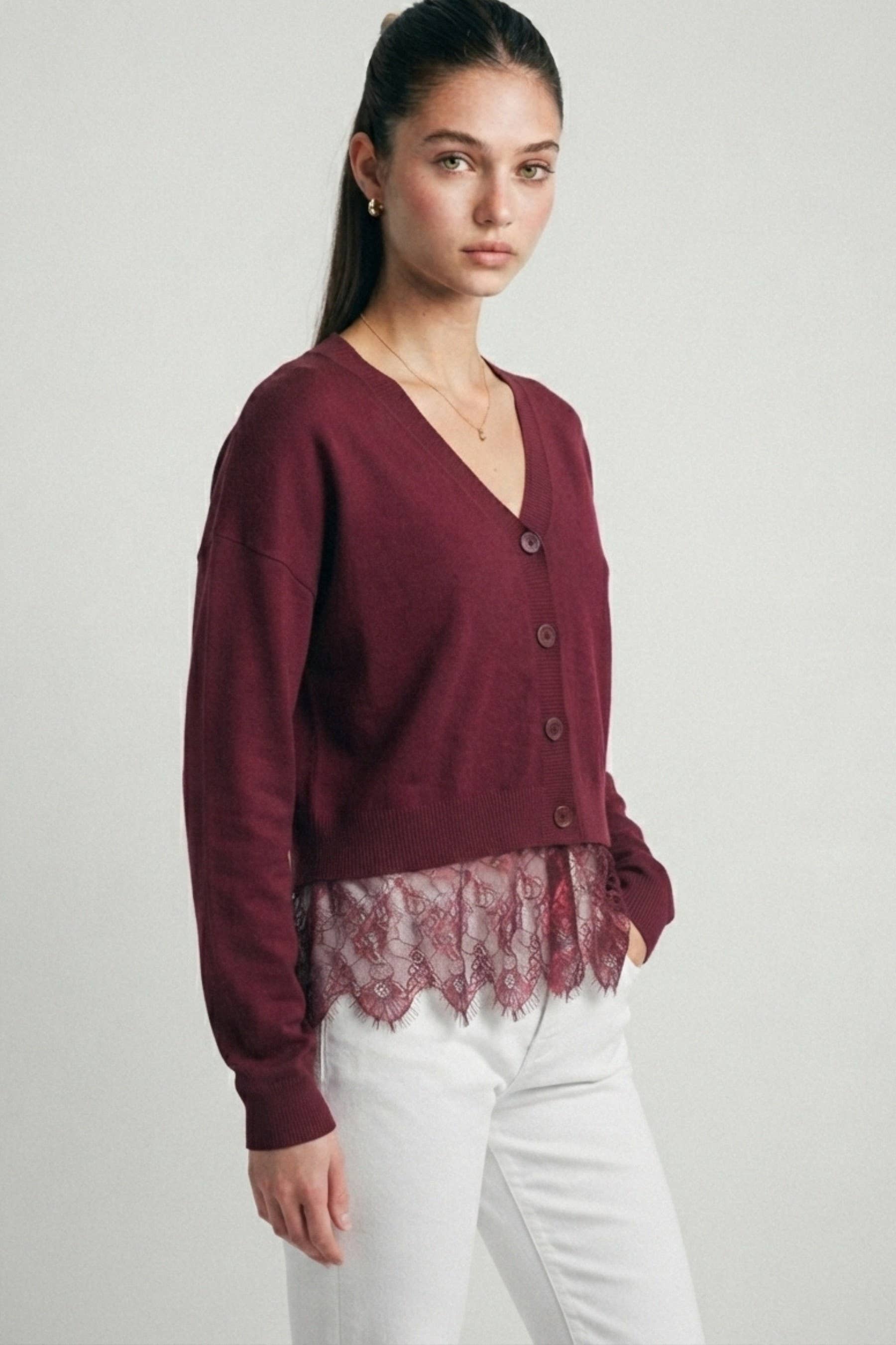 Lace-trimmed V-neck Cardigan