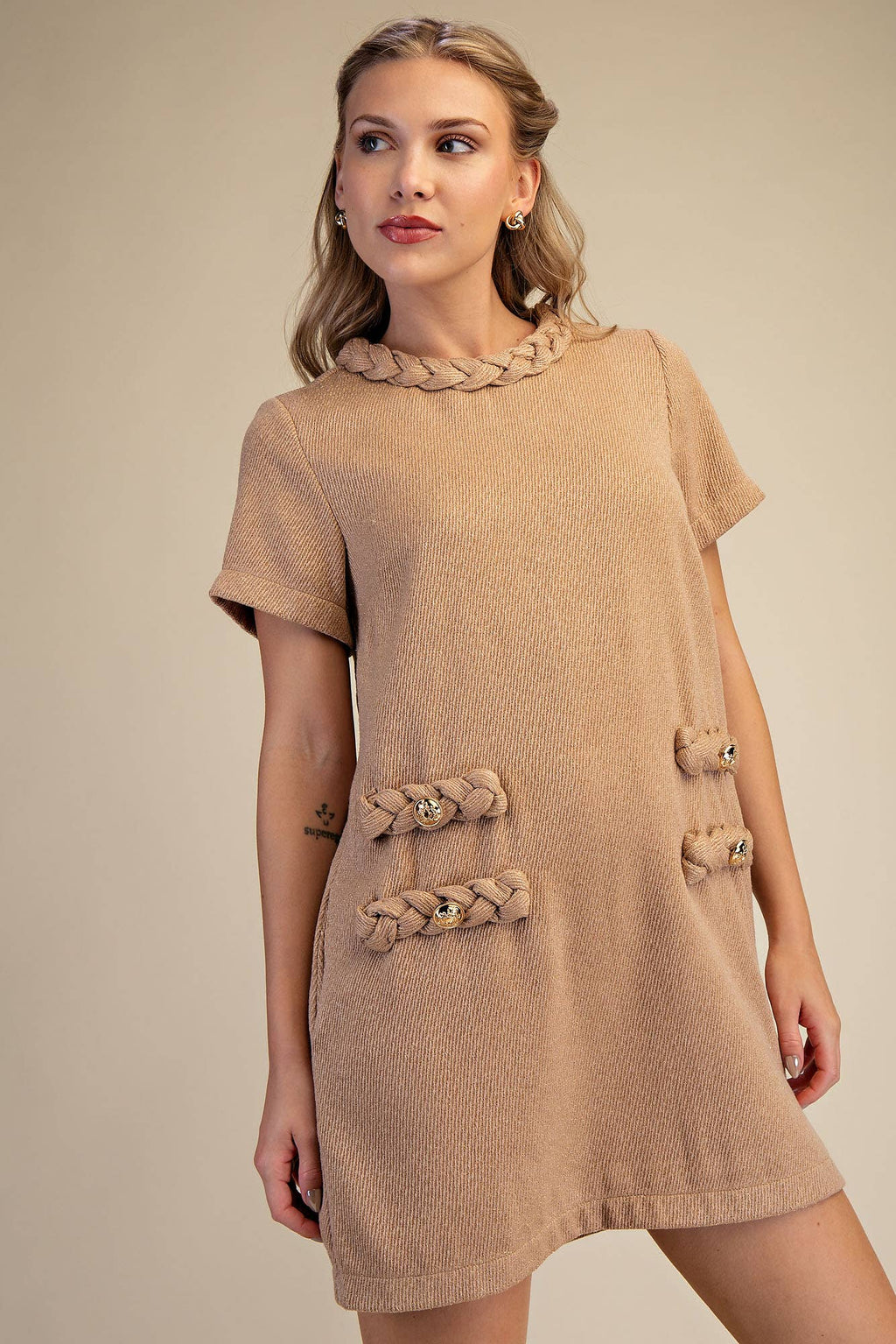 Round Neck Twist Trim Mini Dress