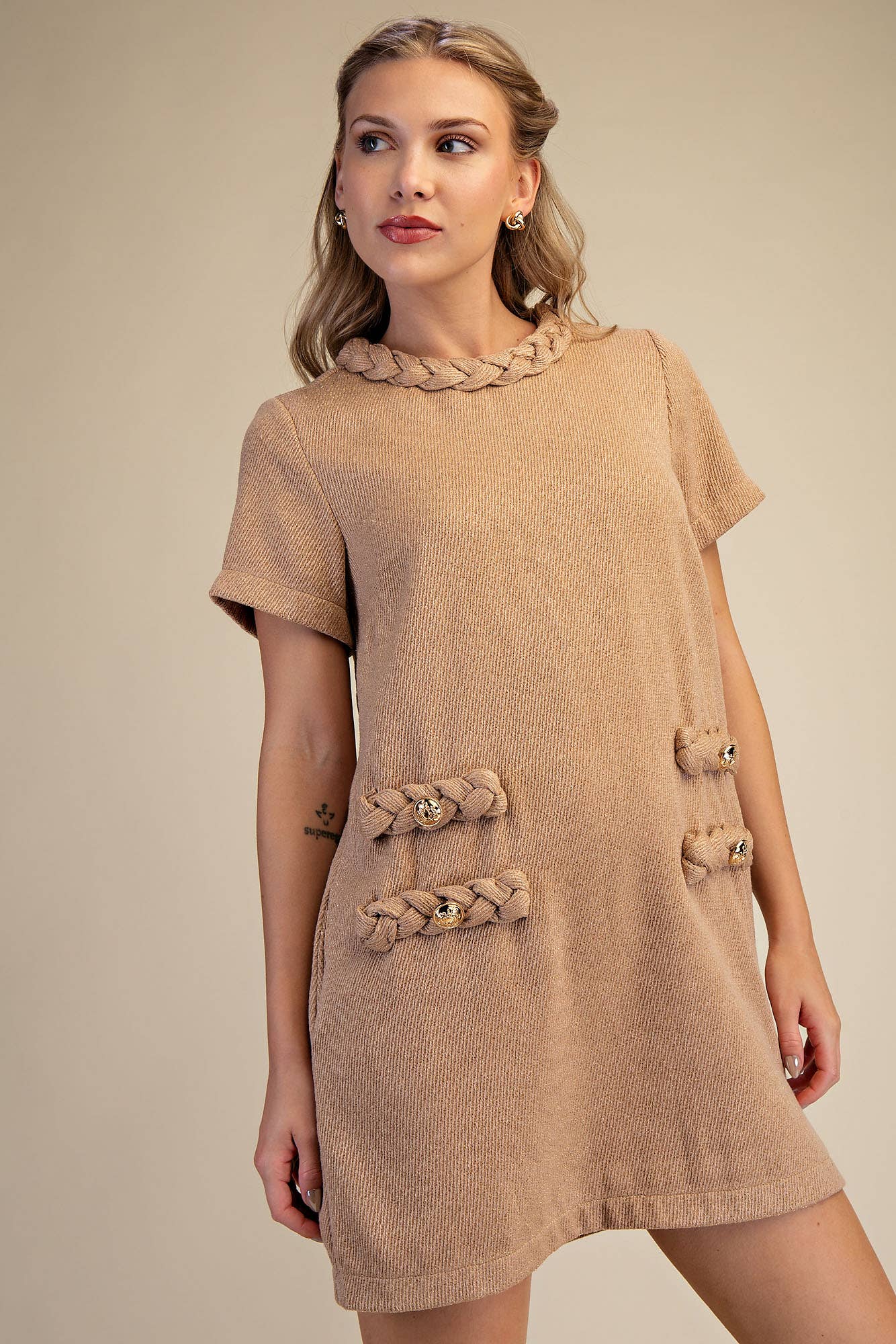 Round Neck Twist Trim Mini Dress