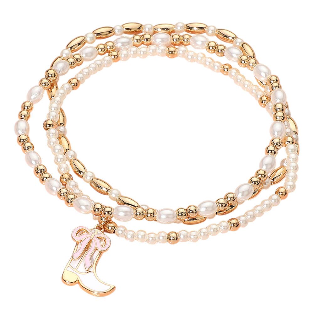3PCS - Enamel Bow Cowboy Boot Pearl Beaded Multi Layered Bracelet