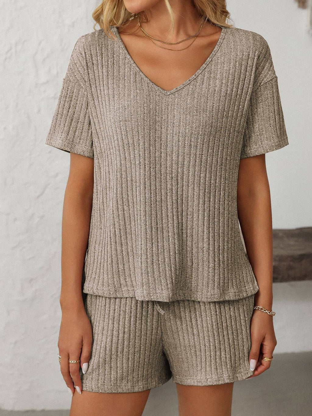 Solid Color Ribbed Short-Sleeve Pajama Loungewear Set