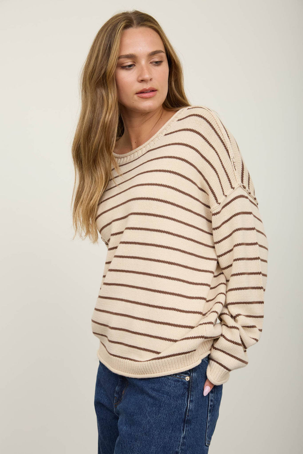 CREAM STRIPED DROP SHOULDER CREW NECK SWEATER