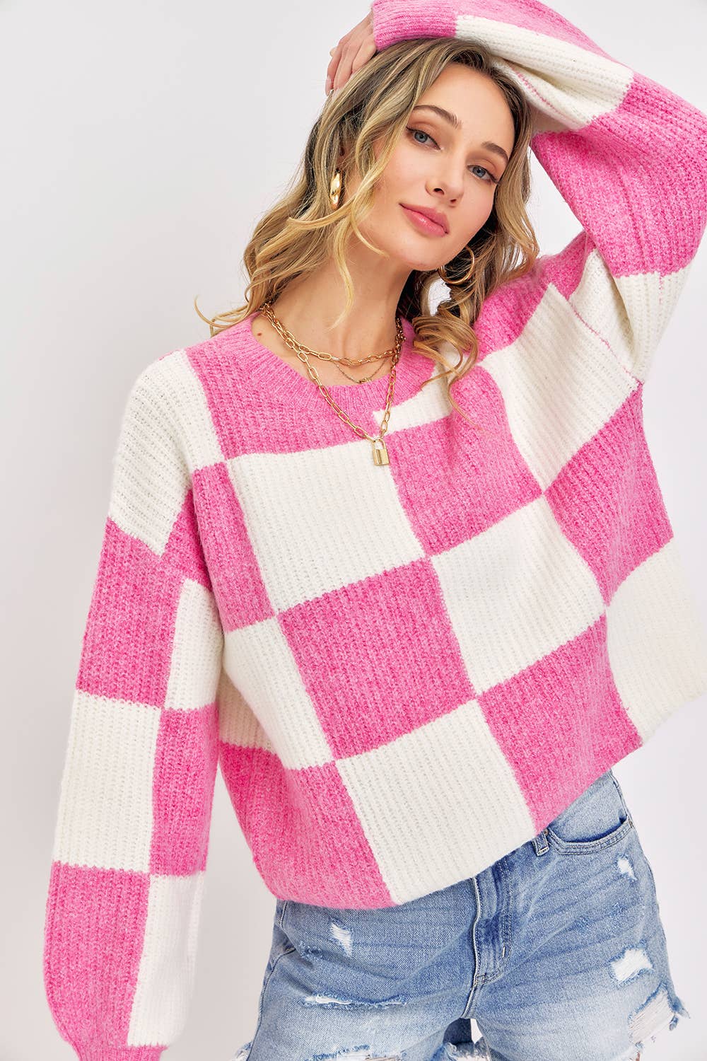 CASUAL SOFT COZY  RELAXED FIT CHECKER KNIT SWEATER