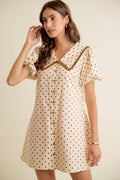 Polka Dot Peter Pan Ruffled Collar Puff Sleeves Dress