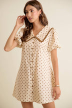 Polka Dot Peter Pan Ruffled Collar Puff Sleeves Dress