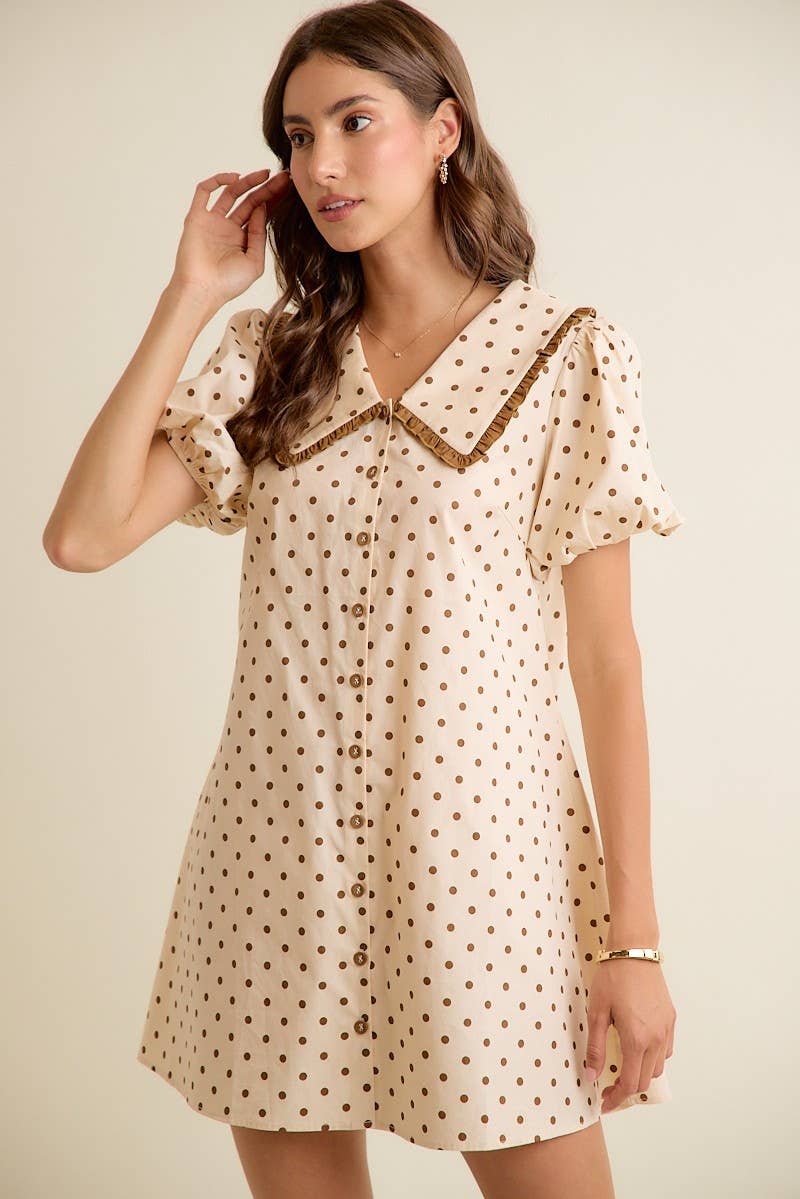Polka Dot Peter Pan Ruffled Collar Puff Sleeves Dress