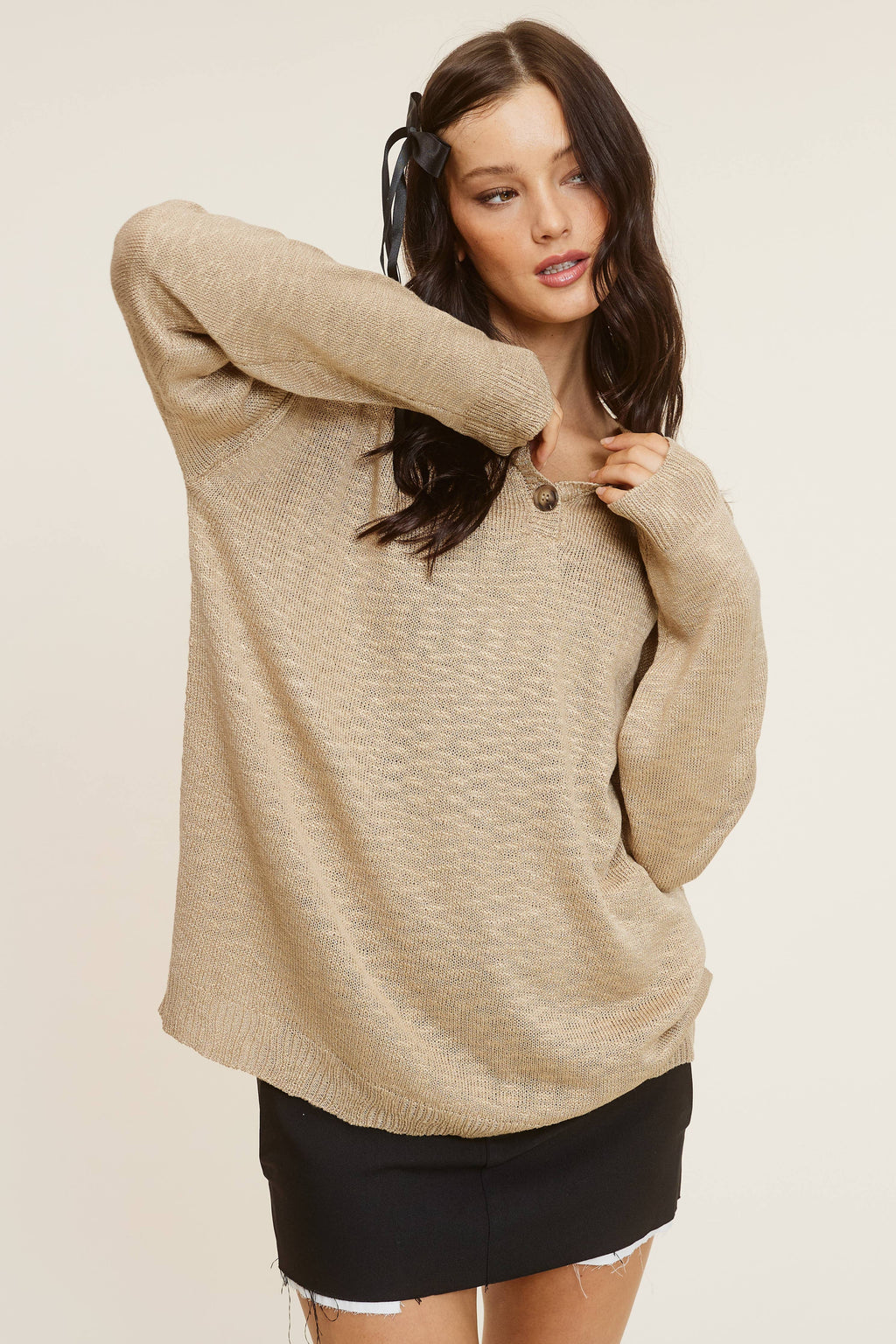 Baggy Knit Sweater with Henley Collar