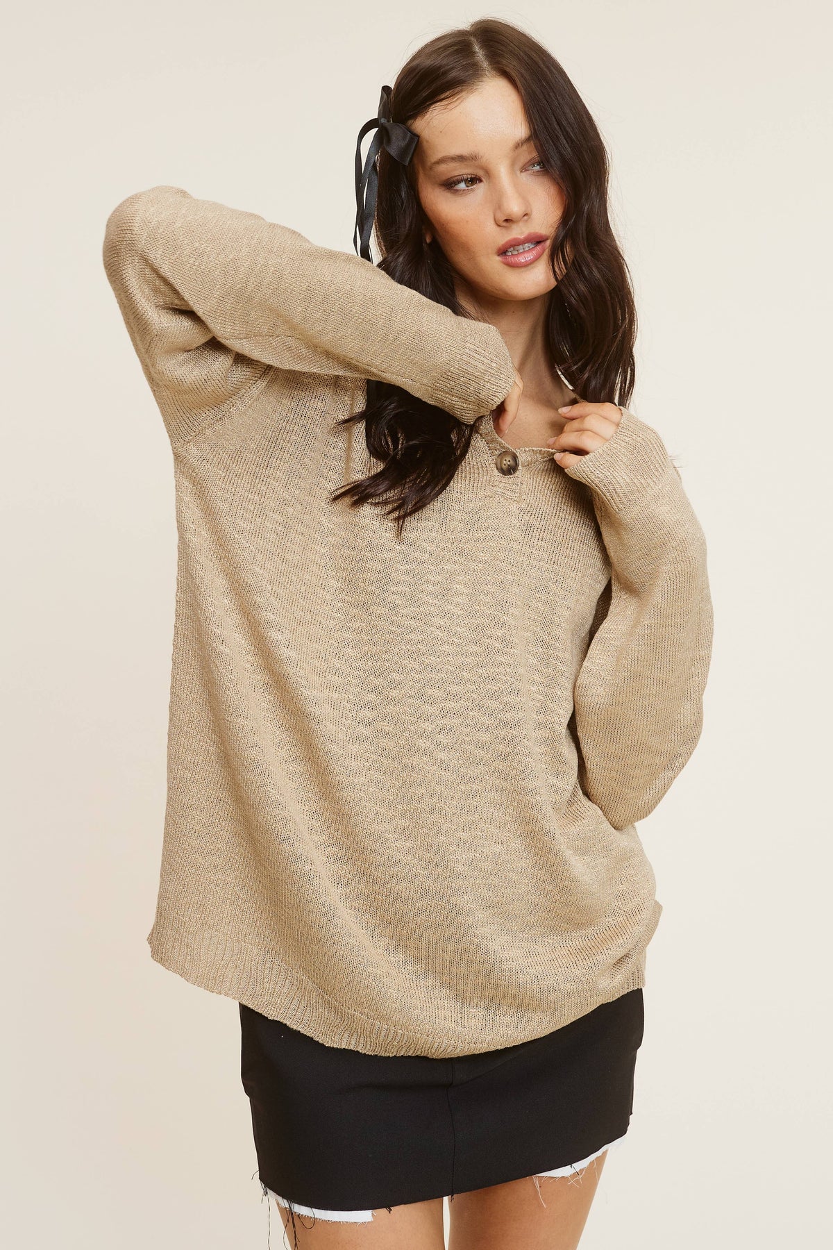 Baggy Knit Sweater with Henley Collar