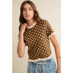 POLKA DOT RUFFLED SHORT SLEEVES SWEATER KNIT TOP