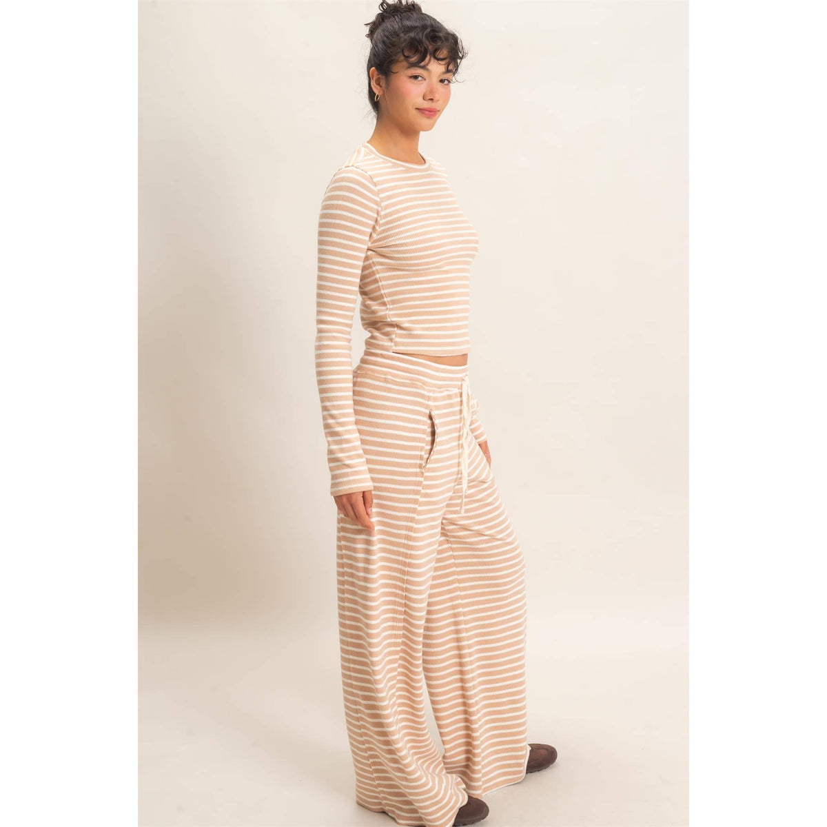 Striped Waffle Long Sleeve Top & Pants Set