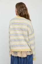 HEATHERED MULTI-STRIPE RAW EDGE KNIT SWEATER