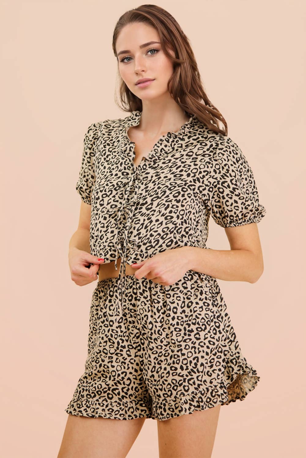NT12066SET-Leopard Printed Woven Top & Shorts Set