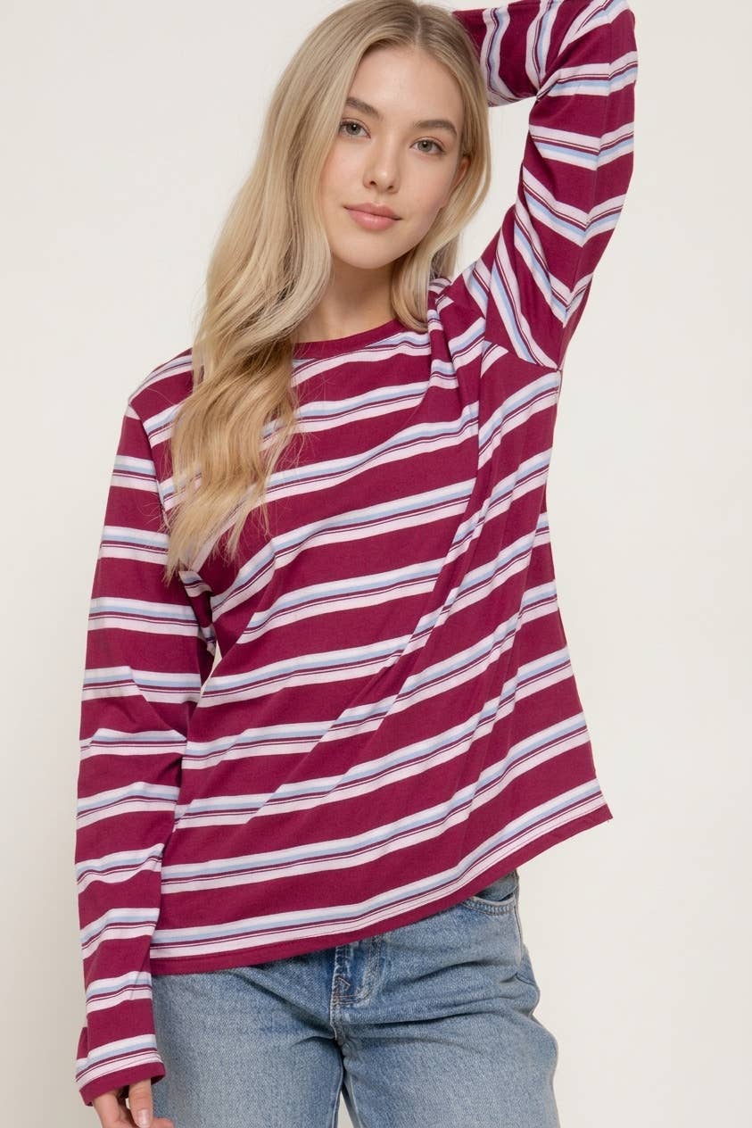 Oversized Long Sleeve Y/D Multi Striped Knit Top