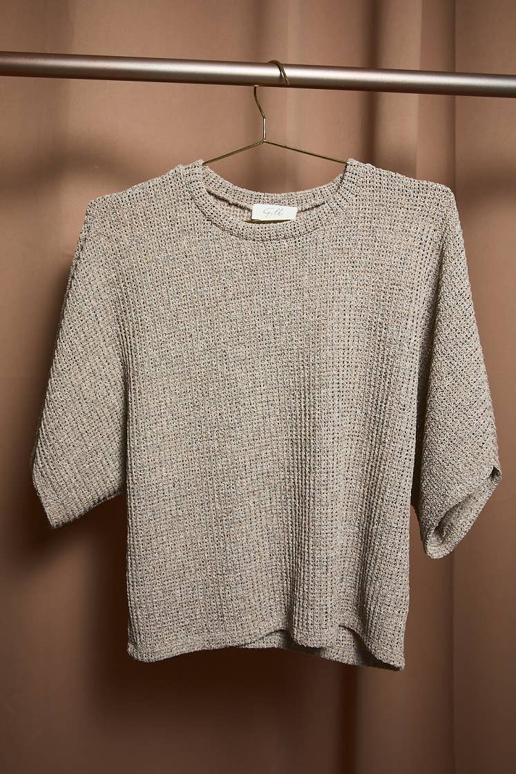 Oatmeal Boucle Crew Neck Kimono Sleeve Top